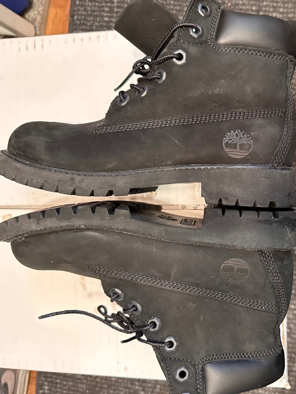 Timberland Junior Premium 6-Inch Waterproof Boots in black nubuck leather.